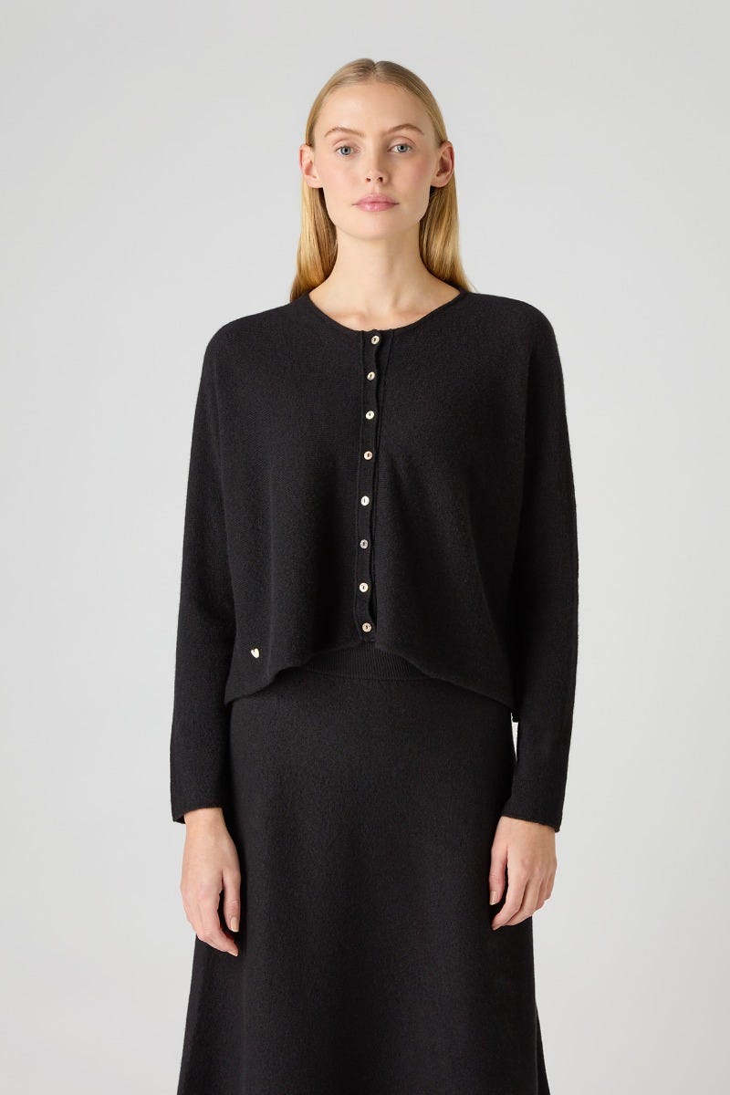 Black cardigan over dress 2025